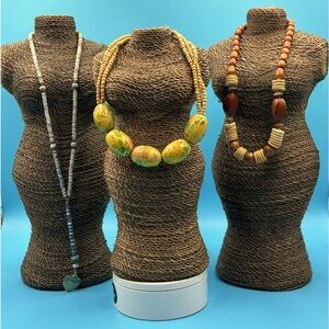 Three Unique Wooden Beaded Necklaces. Sold As One Lot.  Boho Jewelery.
